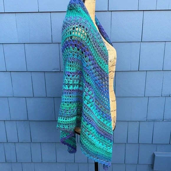 Multicolor Crochet Poncho wrap drape shawl purple green teal blue - Picture 6 of 8